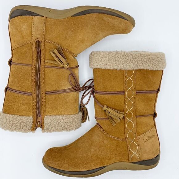 LL Bean Brown Suede Leather Zip Moccasin Winter Fleece Lined‎ Boots Girls - Picture 7 of 12